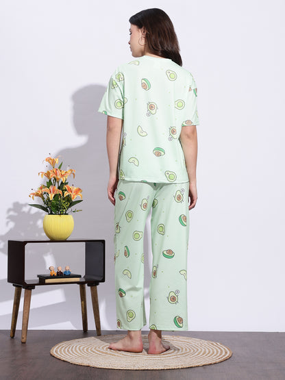 Lycra Branded Night Suit Set for Women In Mint