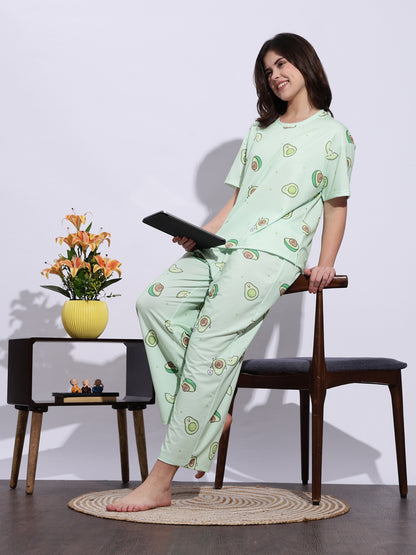 Lycra Branded Night Suit Set for Women In Mint