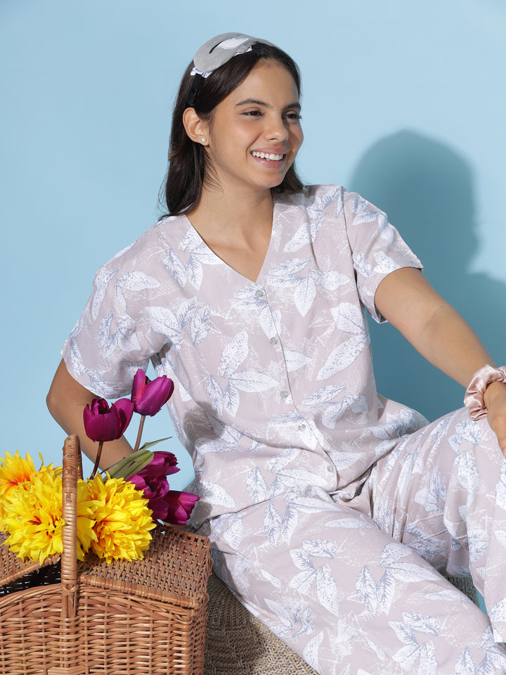 Premum Leaf Print Misty Lilac Rayon Coord Set for Women