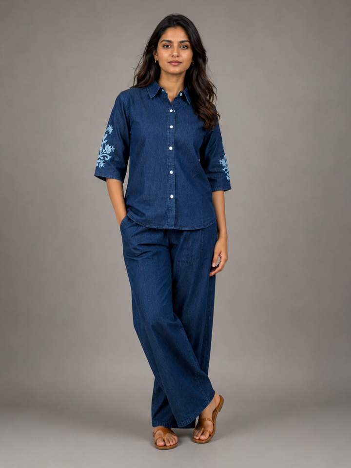 Dark blue denim wash modern co ord set for women