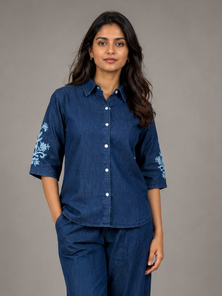 Dark blue denim wash modern co ord set for women
