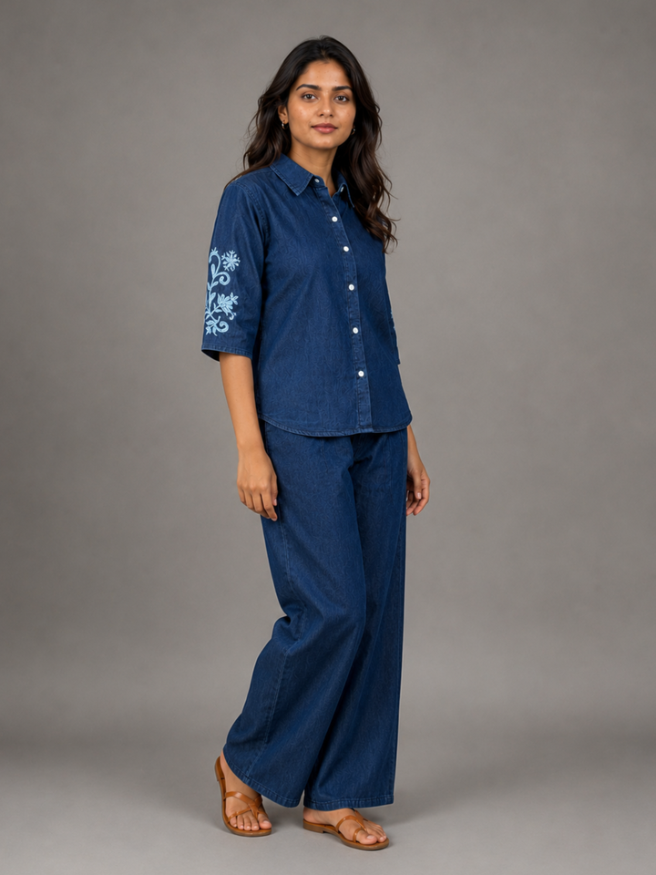 Dark blue denim wash modern co ord set for women