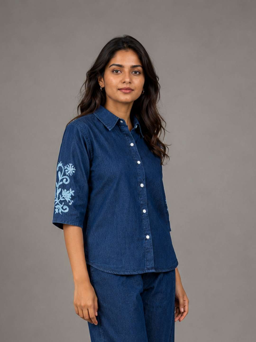 Dark blue denim wash modern co ord set for women