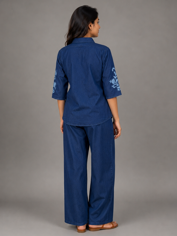 Dark blue denim wash modern co ord set for women