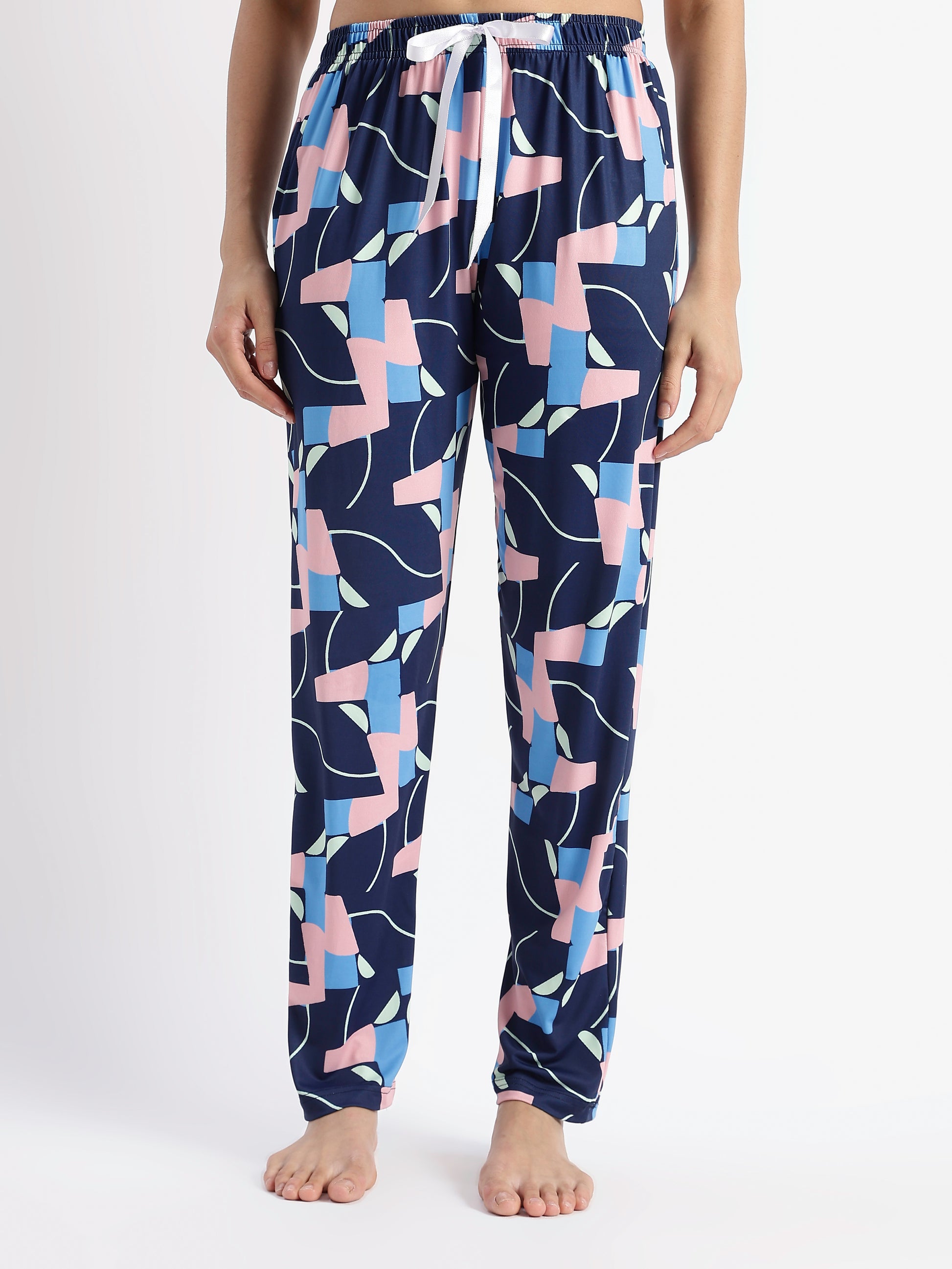 Navy Blue Pop Art Glossy Lycra Trendy Night Suit Set for Girls