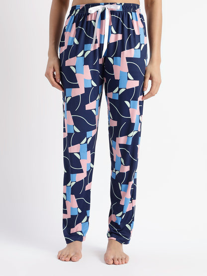 Navy Blue Pop Art Glossy Lycra Trendy Night Suit Set for Girls