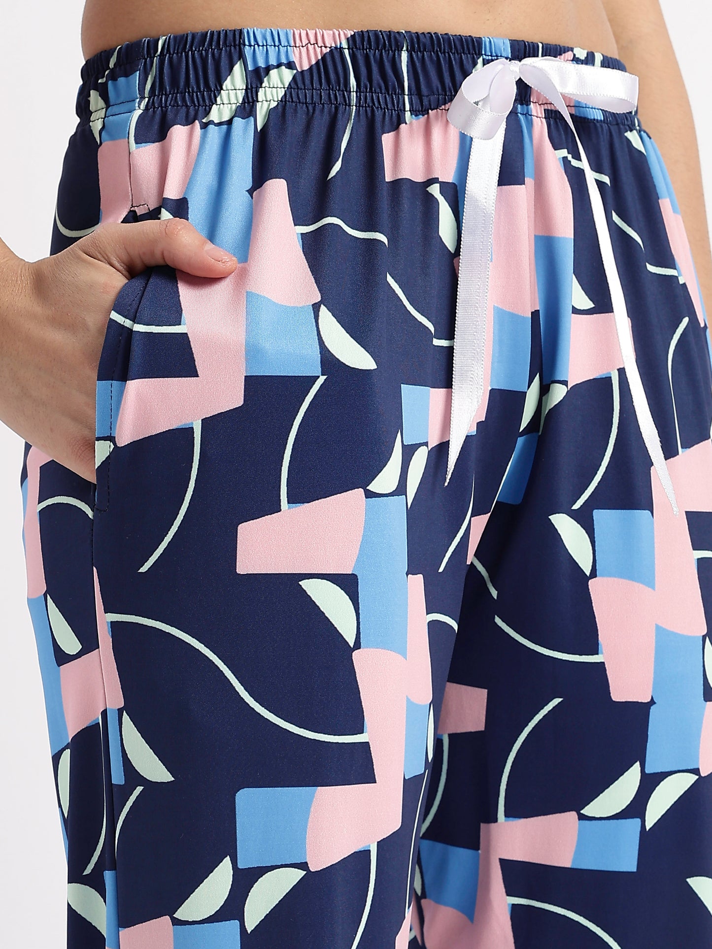 Navy Blue Pop Art Glossy Lycra Trendy Night Suit Set for Girls