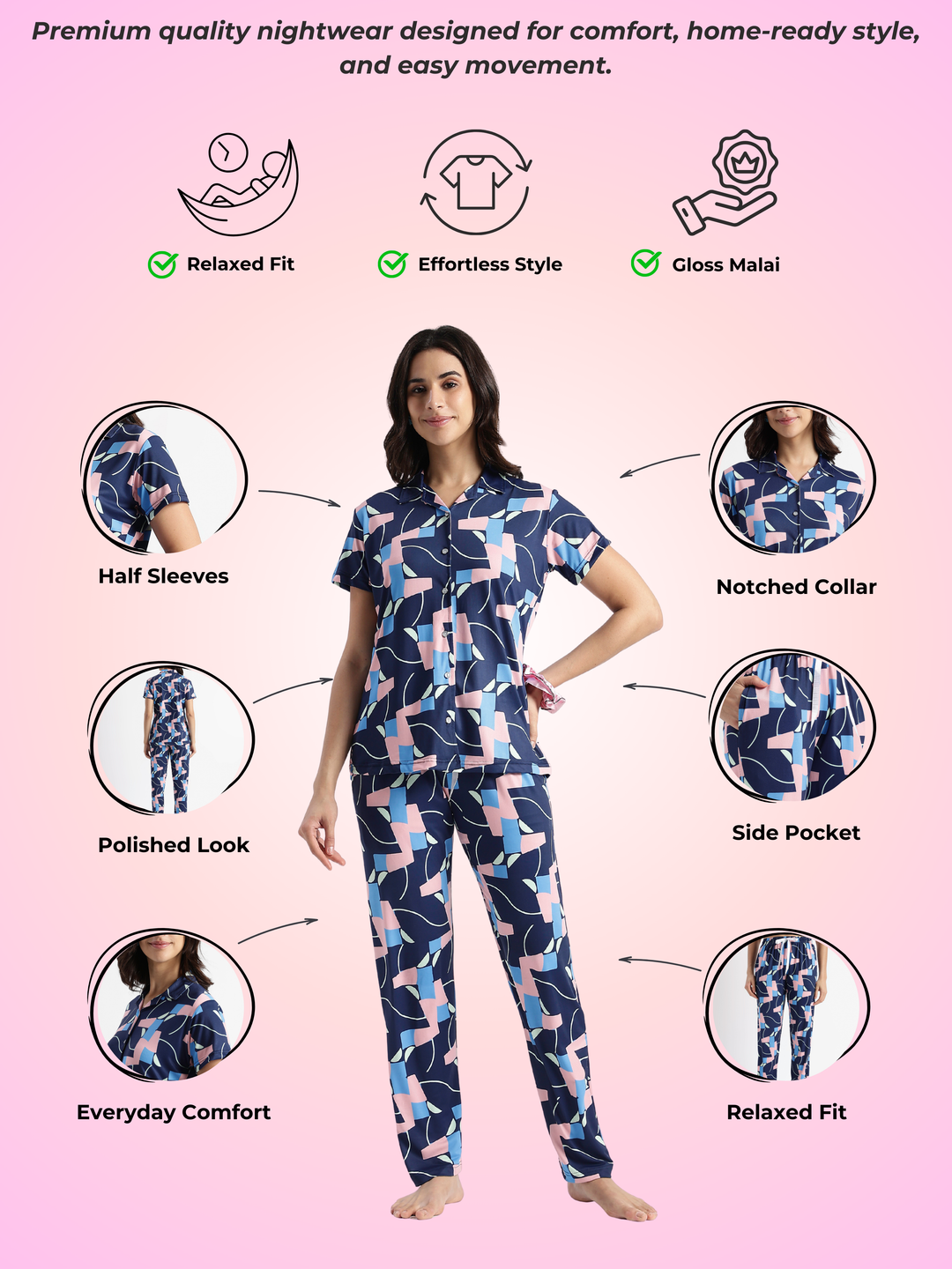 Pop art glossy lycra trendy night suit set for women