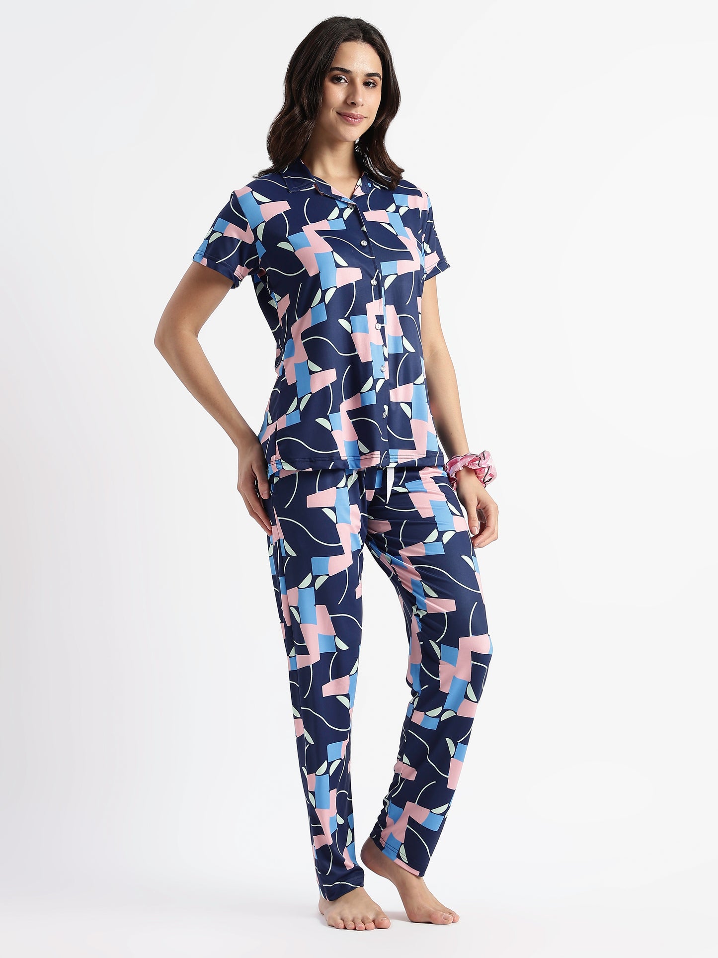 Navy Blue Pop Art Glossy Lycra Trendy Night Suit Set for Girls