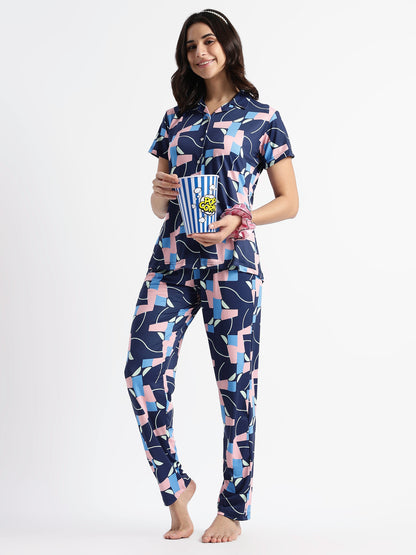 Navy Blue Pop Art Glossy Lycra Trendy Night Suit Set for Girls