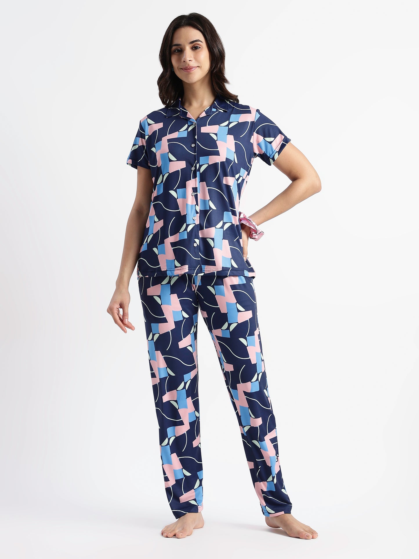 Navy Blue Pop Art Glossy Lycra Trendy Night Suit Set for Girls