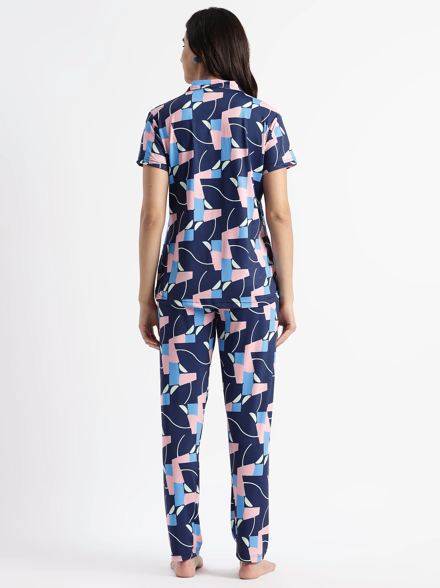 Navy Blue Pop Art Glossy Lycra Trendy Night Suit Set for Girls