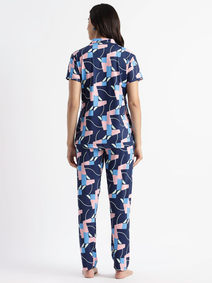 Navy Blue Pop Art Glossy Lycra Trendy Night Suit Set for Girls