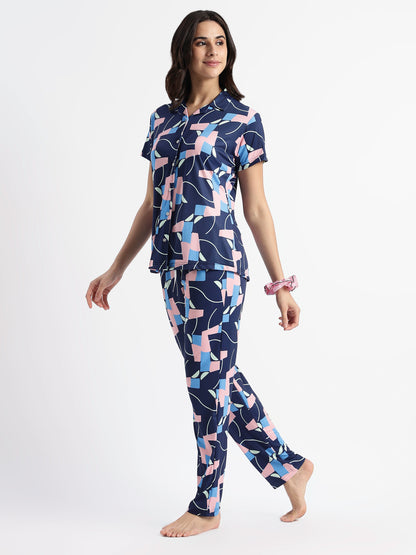 Navy Blue Pop Art Glossy Lycra Trendy Night Suit Set for Girls