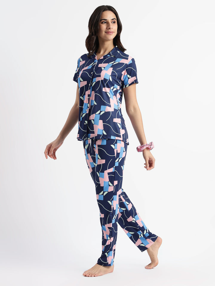 Navy Blue Pop Art Glossy Lycra Trendy Night Suit Set for Girls