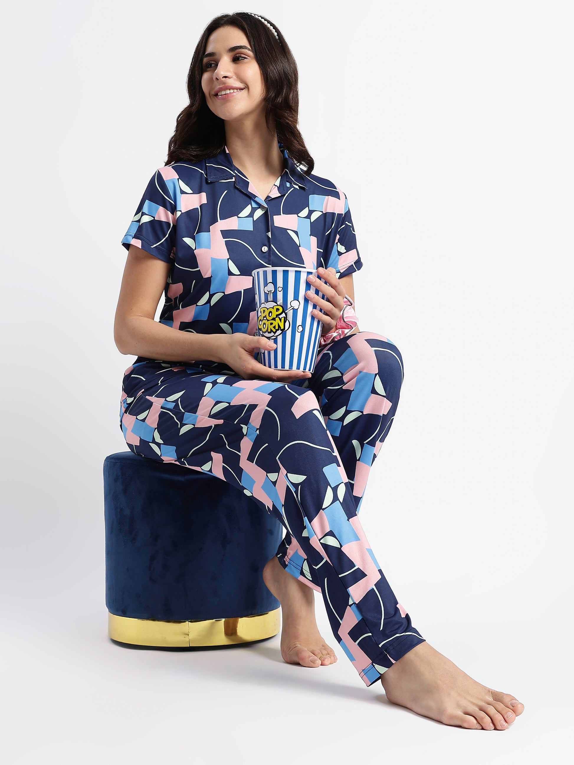 Navy Blue Pop Art Glossy Lycra Trendy Night Suit Set for Girls