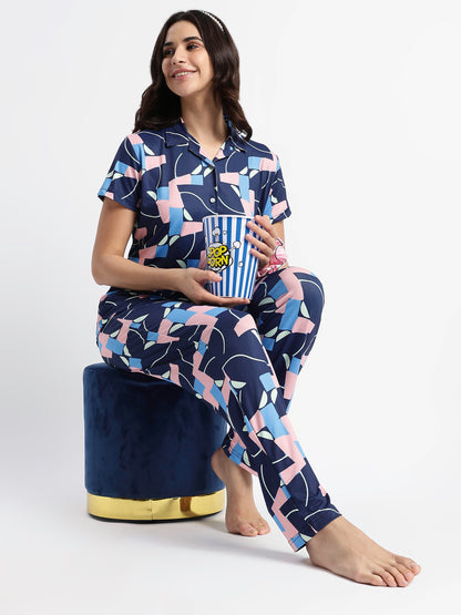 Navy Blue Pop Art Glossy Lycra Trendy Night Suit Set for Girls