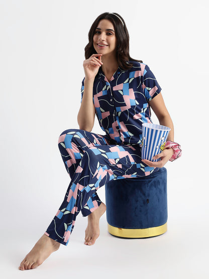 Navy Blue Pop Art Glossy Lycra Trendy Night Suit Set for Girls