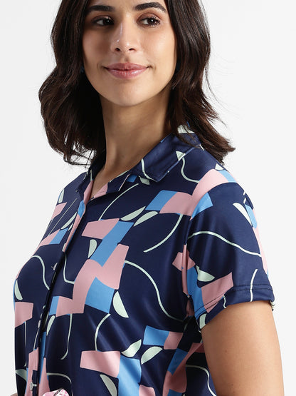 Navy Blue Pop Art Glossy Lycra Trendy Night Suit Set for Girls