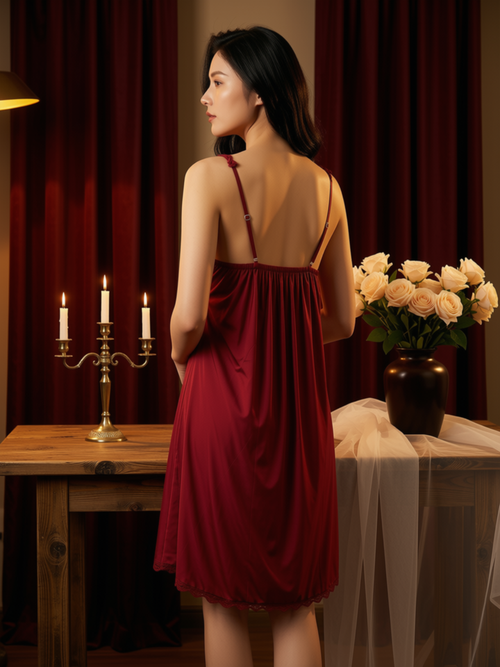 Crimson Love Mulberry Silk Lace Babydoll Dress for Women