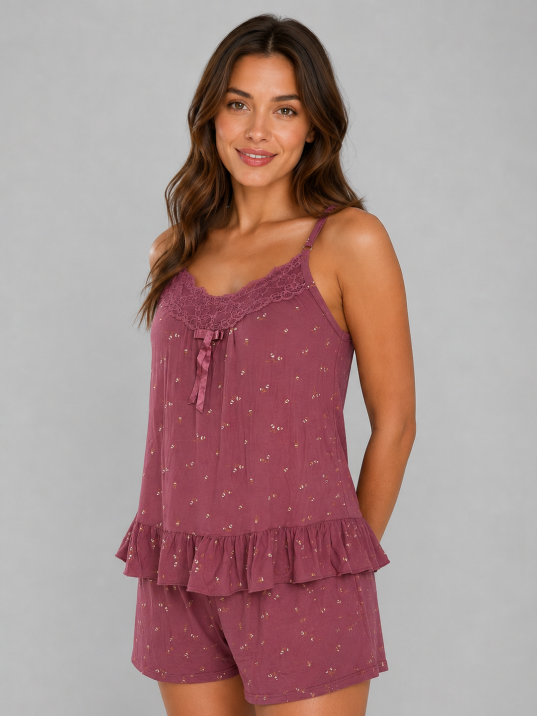 Rosy mulberry trendy babydoll nightwear set for women.