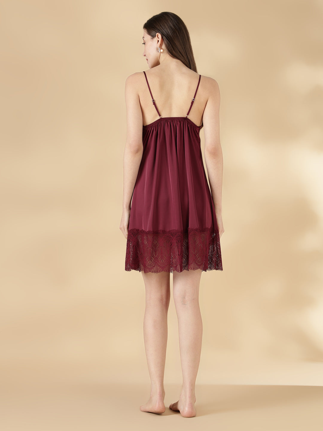Satin Lace Nighty with Matching Robe in Wine Rose