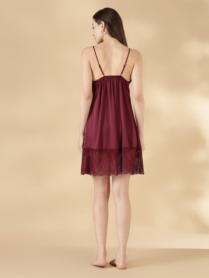 Satin Lace Nighty with Matching Robe in Wine Rose