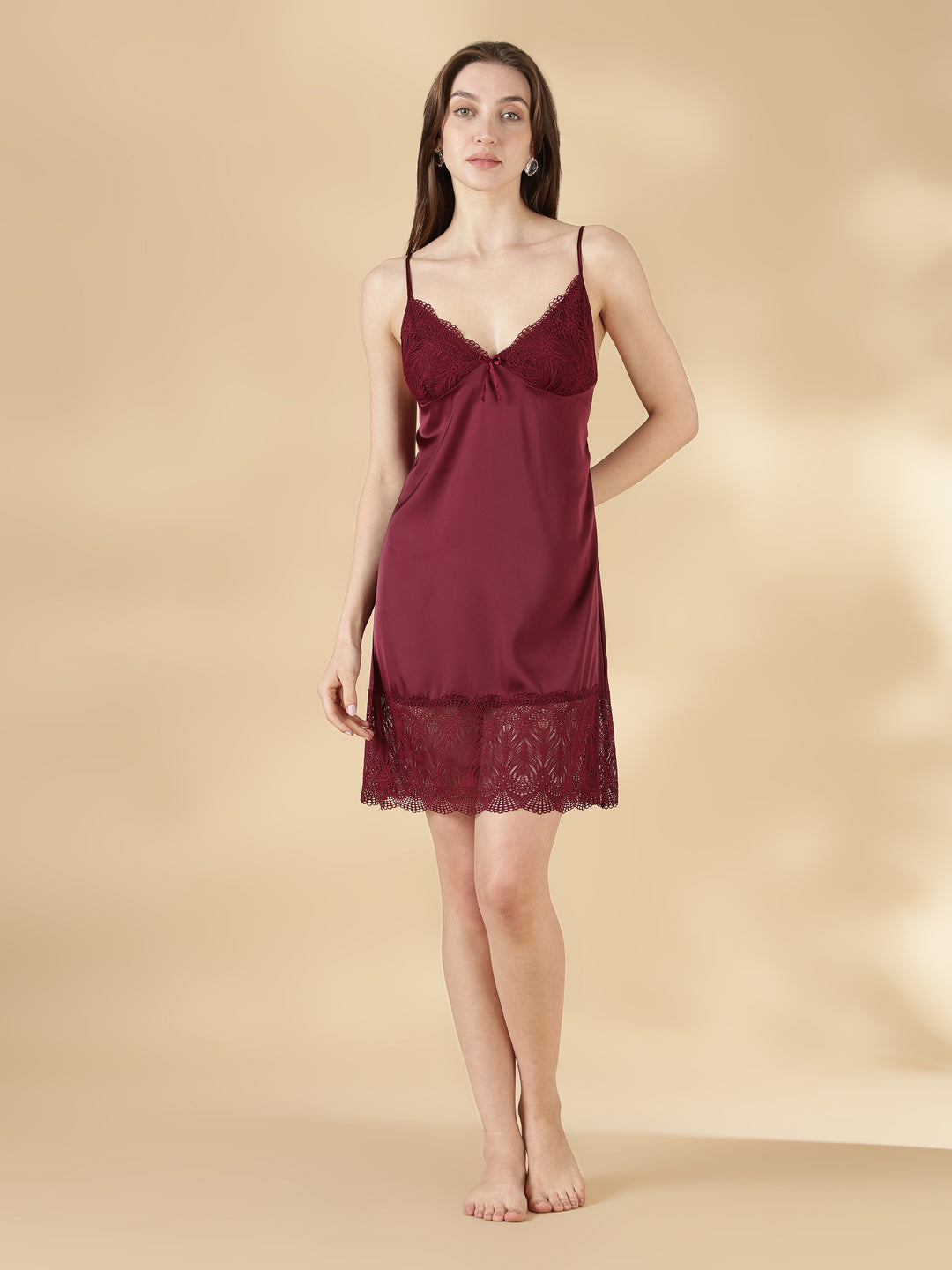Satin Lace Nighty with Matching Robe in Wine Rose