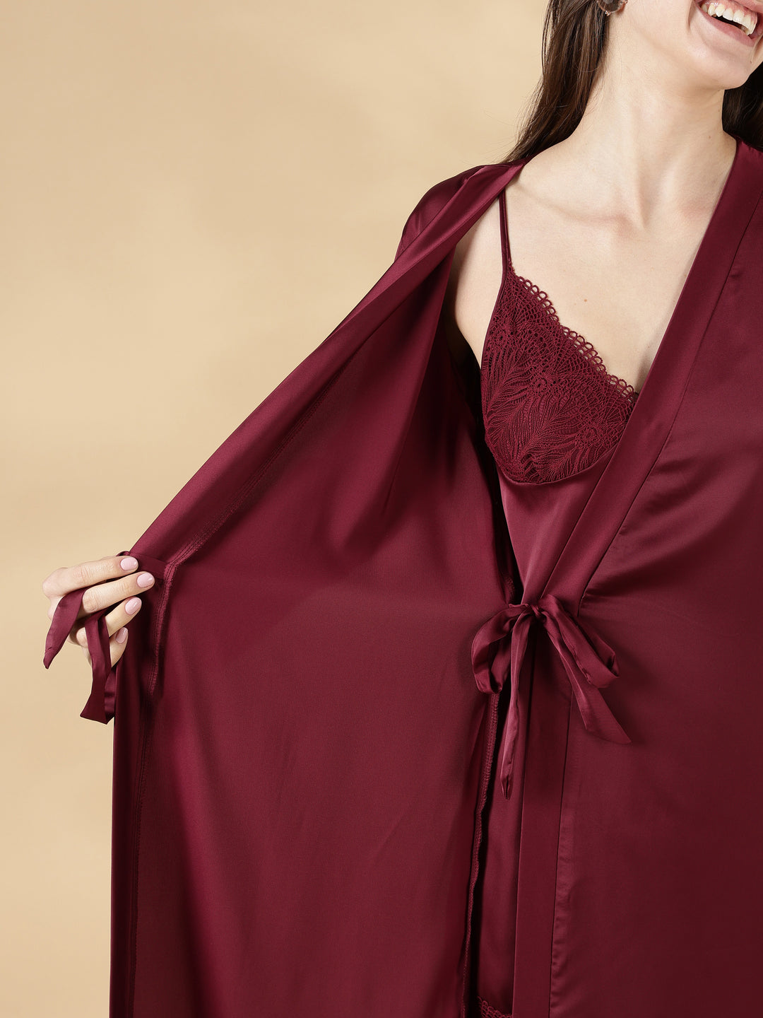 Satin Lace Nighty with Matching Robe in Wine Rose