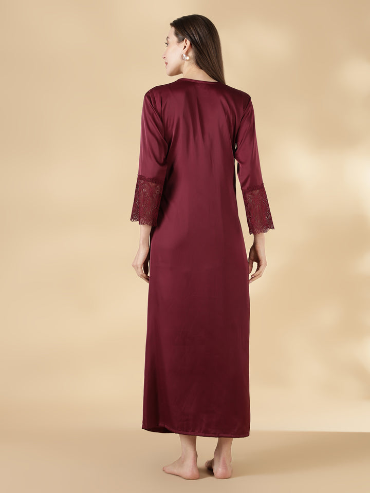 Satin Lace Nighty with Matching Robe in Wine Rose