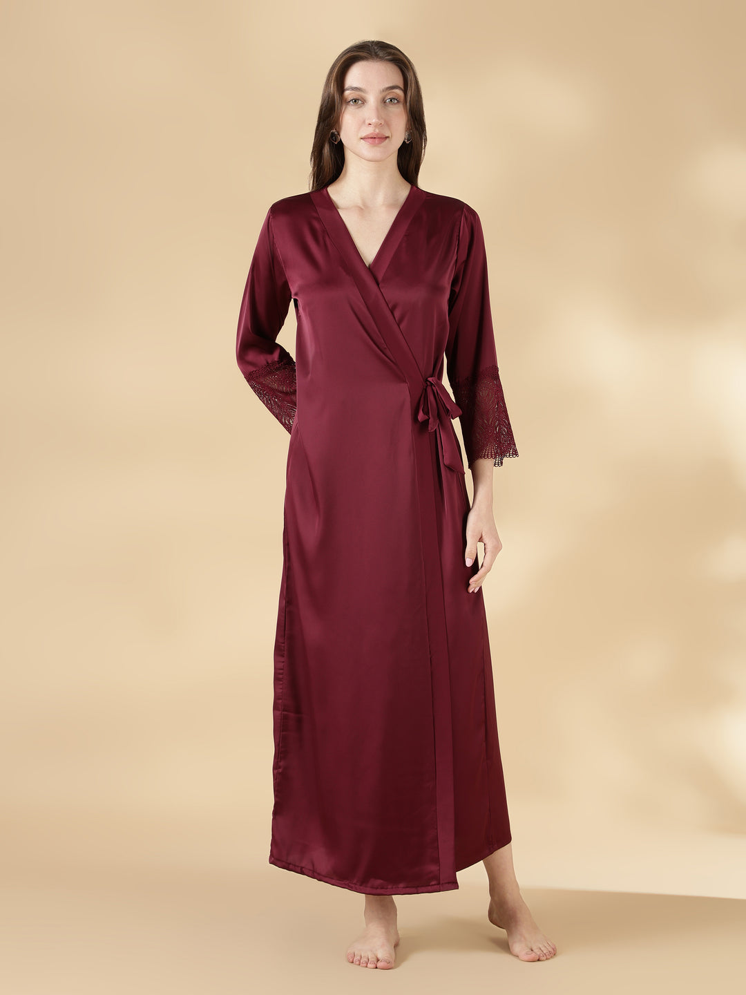Satin Lace Nighty with Matching Robe in Wine Rose