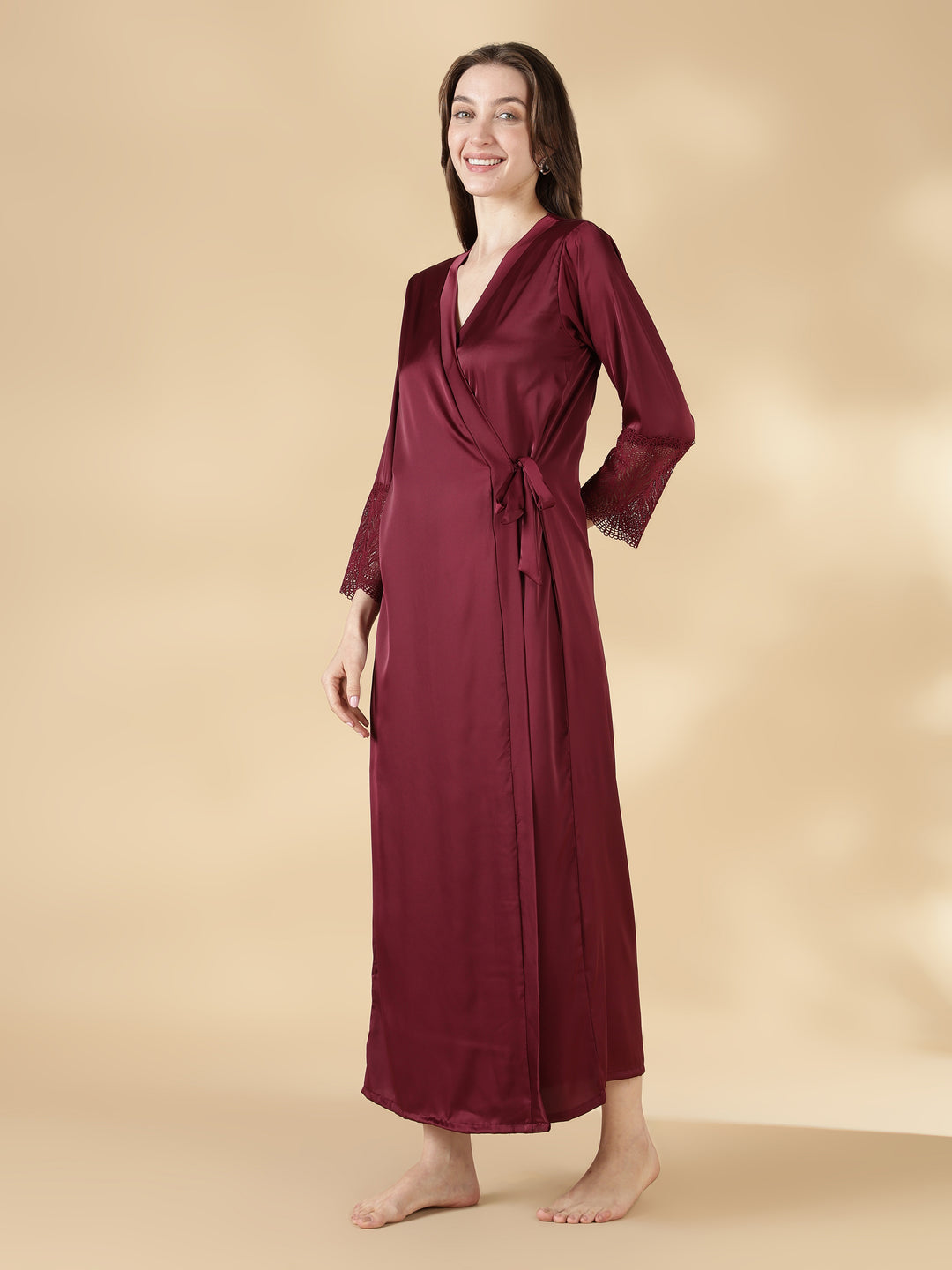 Satin Lace Nighty with Matching Robe in Wine Rose