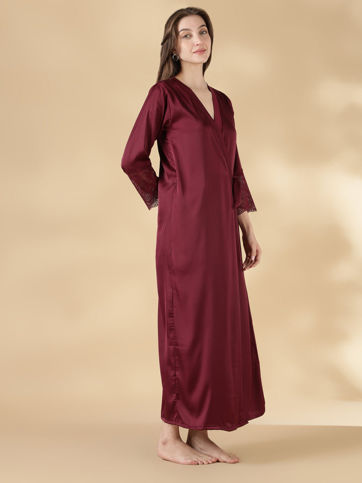 Satin Lace Nighty with Matching Robe in Wine Rose