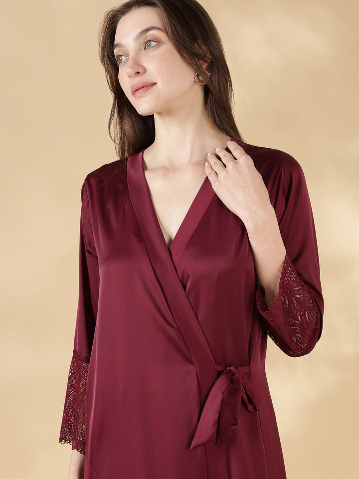 Satin Lace Nighty with Matching Robe in Wine Rose