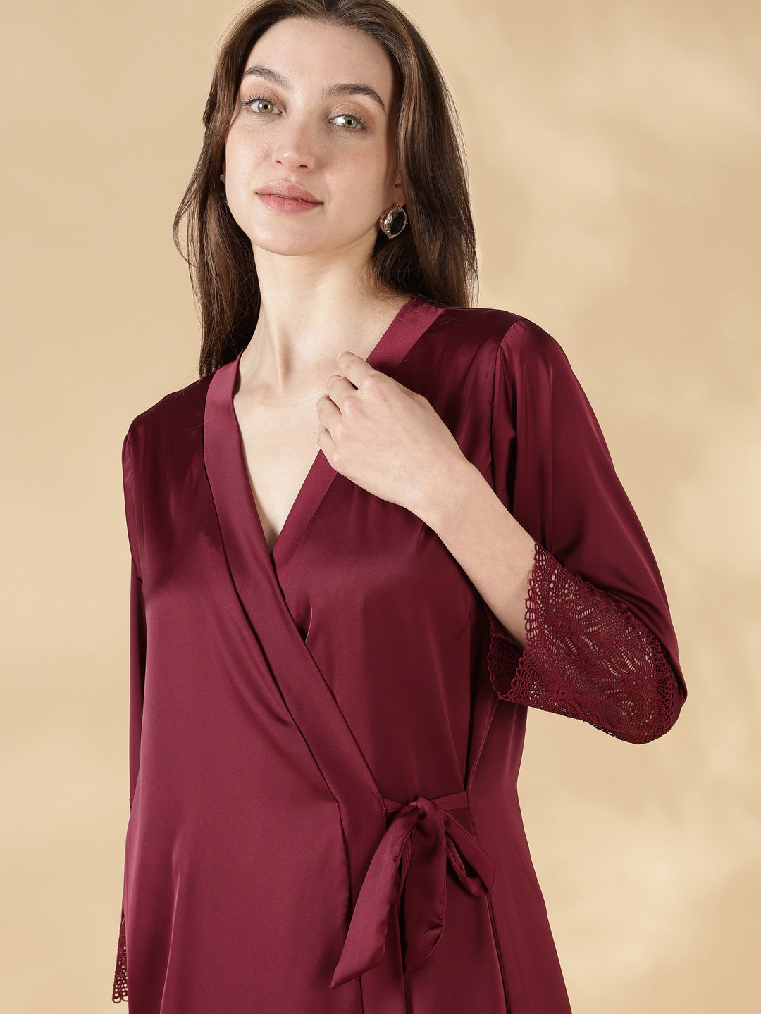 Satin Lace Nighty with Matching Robe in Wine Rose