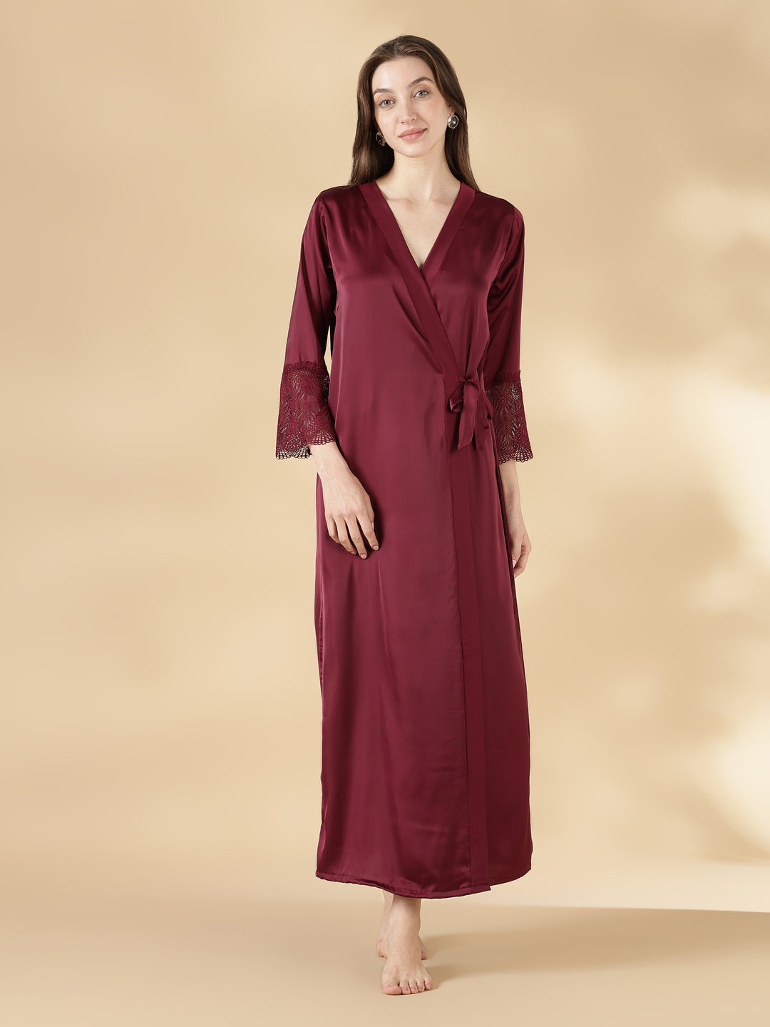 Satin Lace Nighty with Matching Robe in Wine Rose