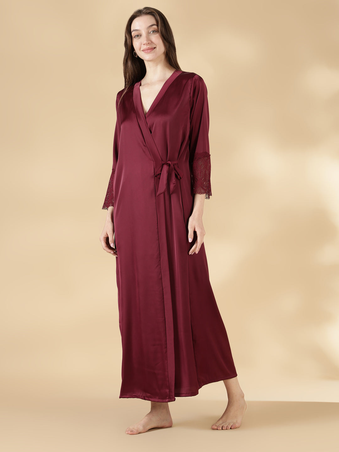Satin Lace Nighty with Matching Robe in Wine Rose