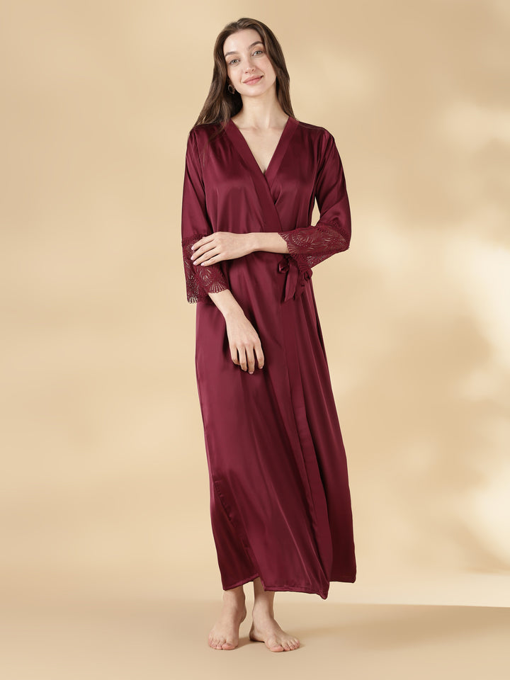 Satin Lace Nighty with Matching Robe in Wine Rose