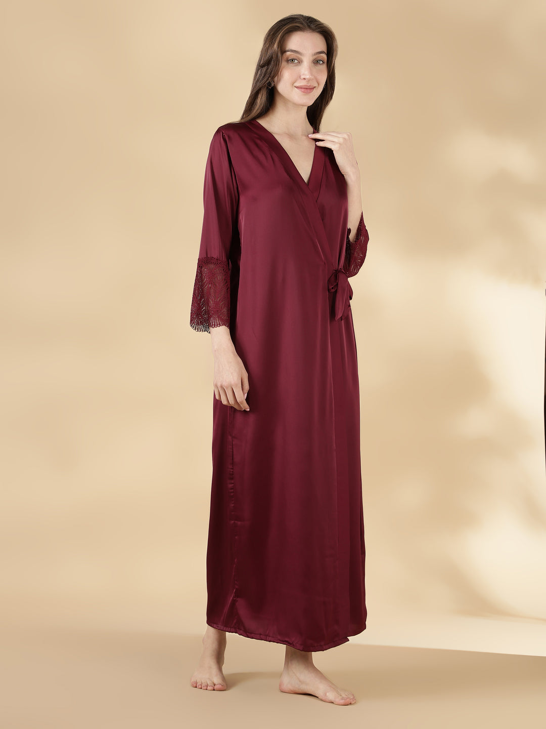 Satin Lace Nighty with Matching Robe in Wine Rose