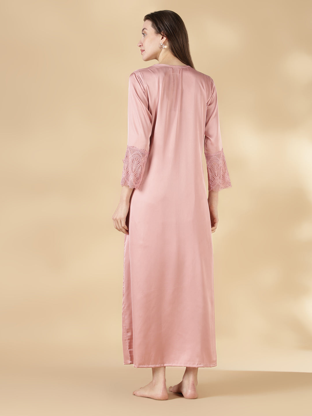 Satin Lace Nighty with Matching Robe in Dusty Rose