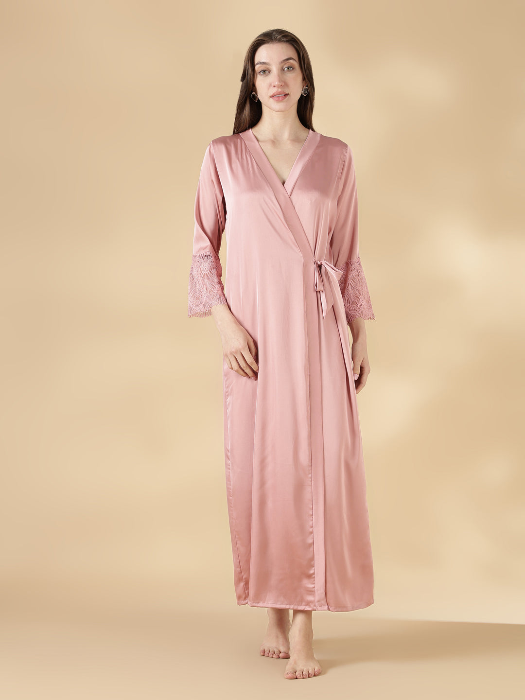 Satin Lace Nighty with Matching Robe in Dusty Rose