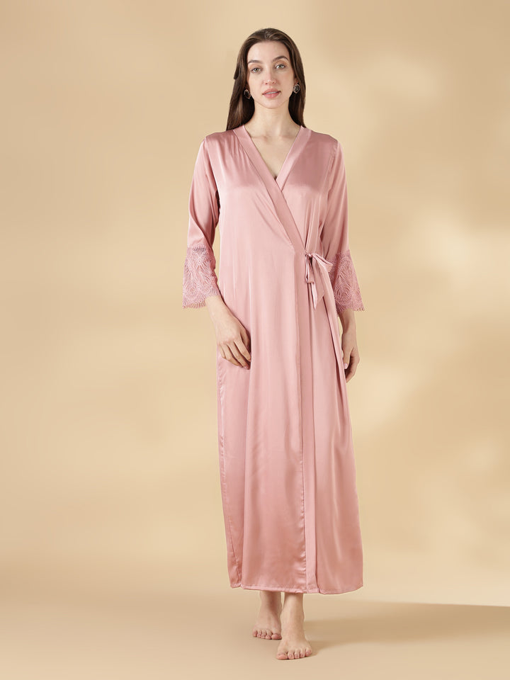 Satin Lace Nighty with Matching Robe in Dusty Rose