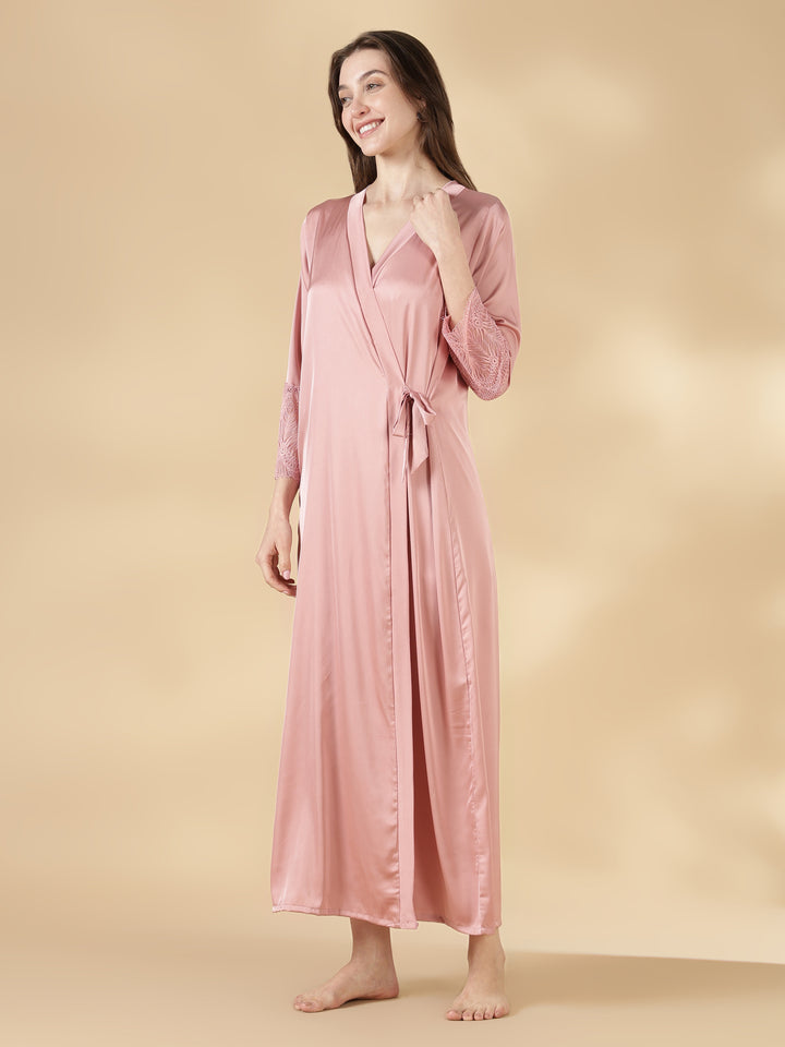Satin Lace Nighty with Matching Robe in Dusty Rose