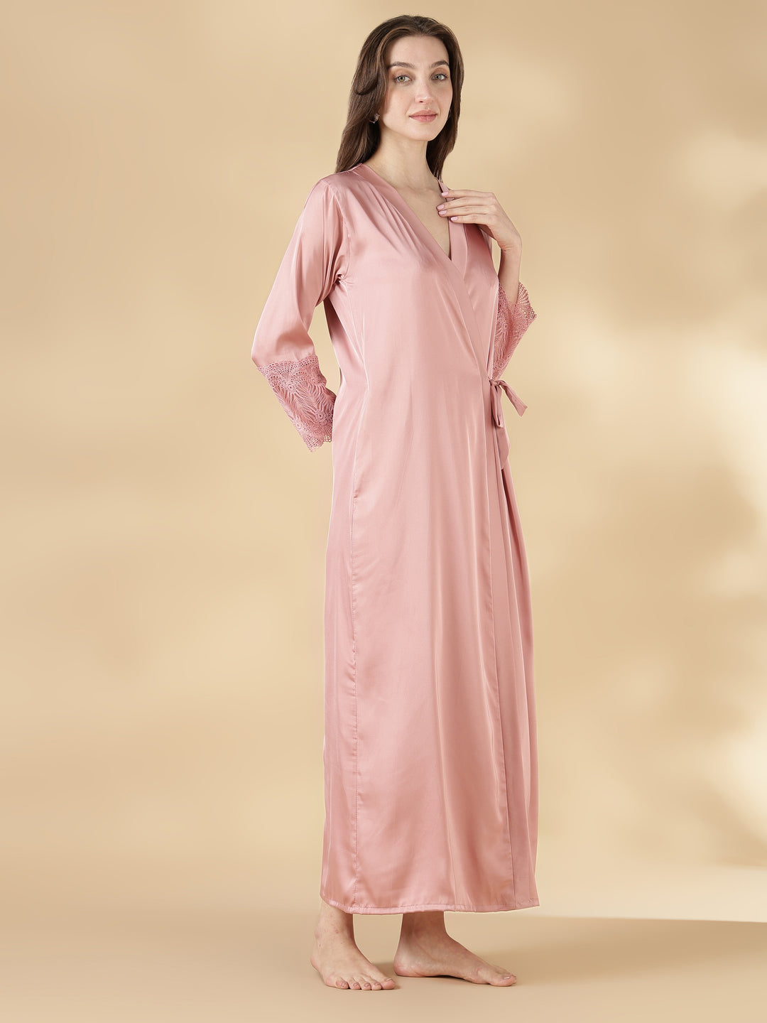 Satin Lace Nighty with Matching Robe in Dusty Rose