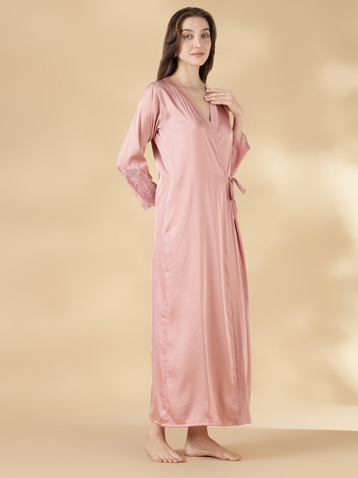 Satin Lace Nighty with Matching Robe in Dusty Rose