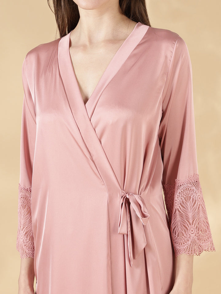 Satin Lace Nighty with Matching Robe in Dusty Rose