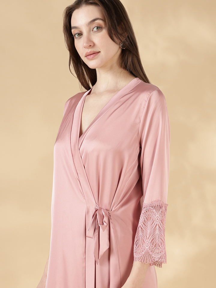 Satin Lace Nighty with Matching Robe in Dusty Rose