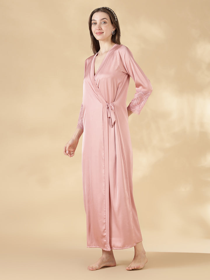 Satin Lace Nighty with Matching Robe in Dusty Rose