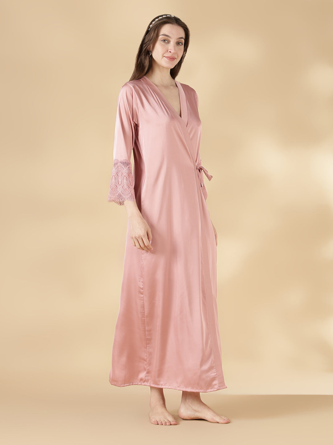 Satin Lace Nighty with Matching Robe in Dusty Rose