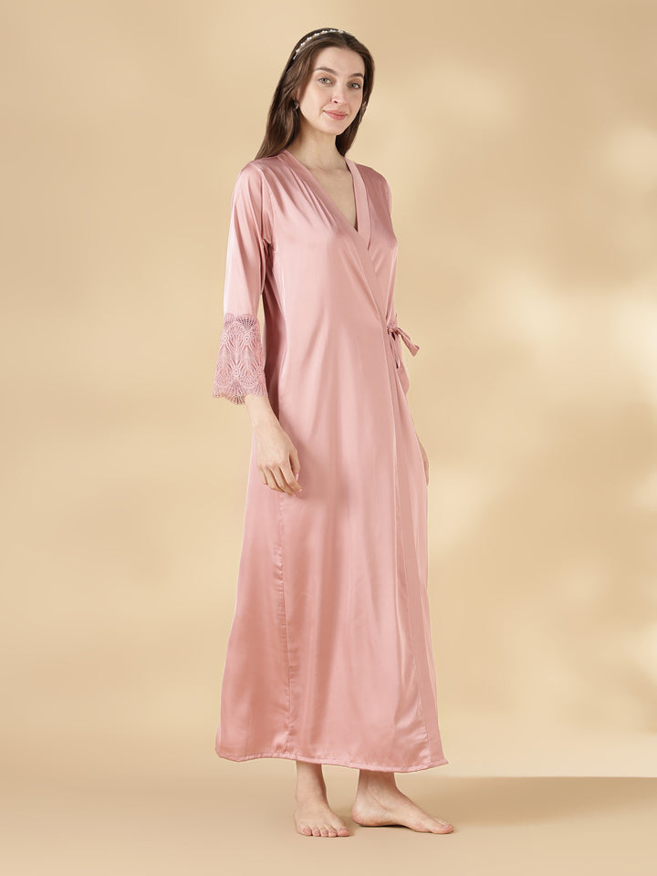 Satin Lace Nighty with Matching Robe in Dusty Rose